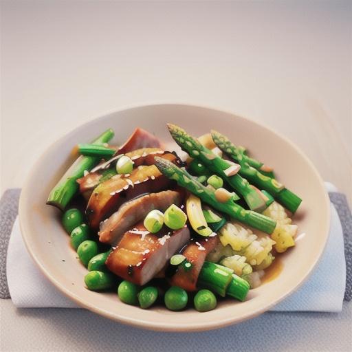 Ginger pork with sugar snap peas and asparagus