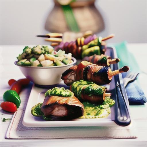 Pesto leg of lamb with vegetable skewers