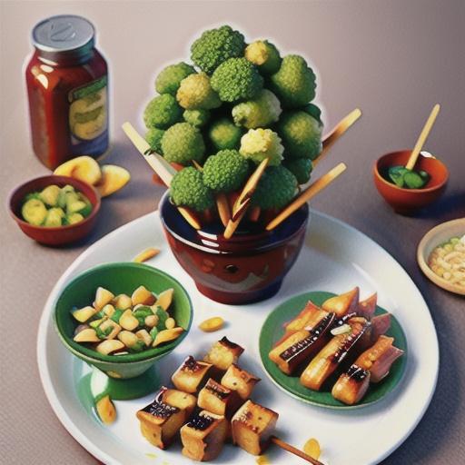 Spicy broccoli fried rice with hoisin barbecued chicken skewers