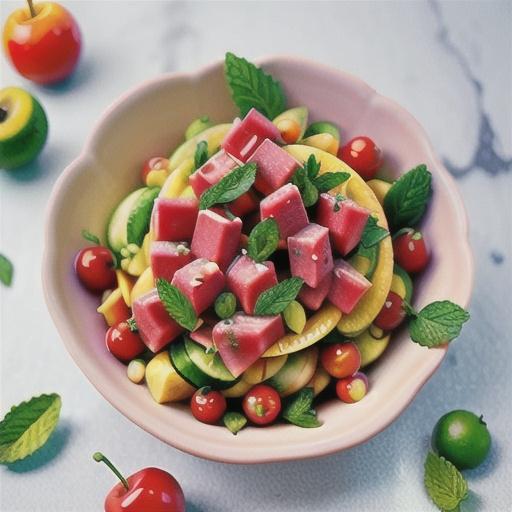 Cherry and watermelon salad with lime and mint syrup