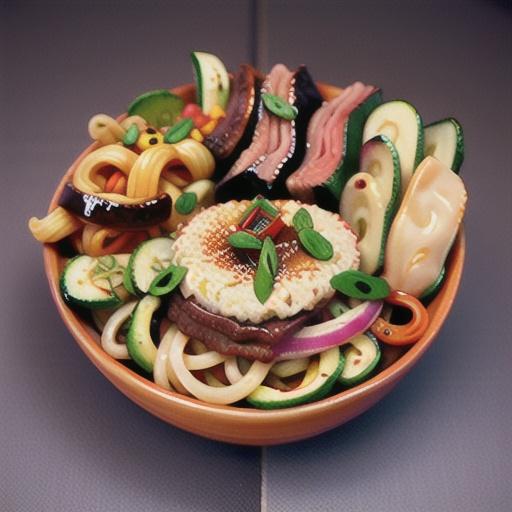 Thick noodles with hoisin beef & zucchini salad