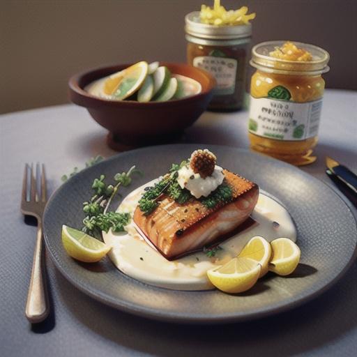 Macadamia crusted salmon with herbed crème fraîche & lemon marmalade