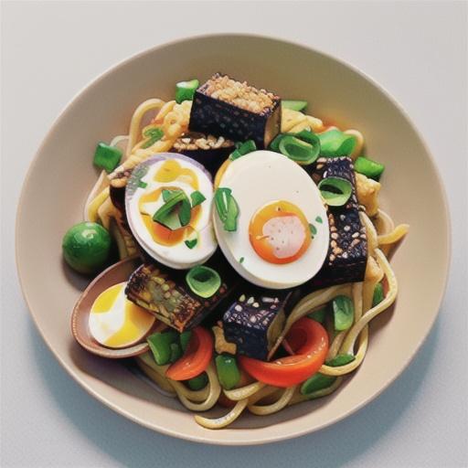 Sesame crumbed tofu with stir fried egg noodles