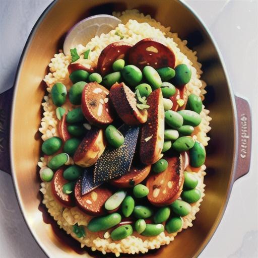 Quinoa, sausage and broad bean paella