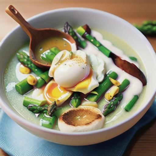 Creamy asparagus soup with a poached egg on toast