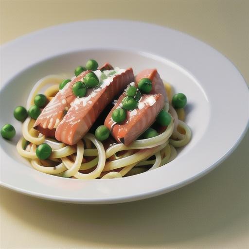 Spaghetti with salmon, mint and peas
