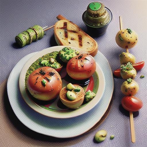 Chargrilled tomato skewers with pistachio pesto