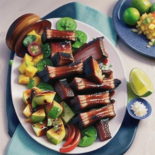 Sticky ribs with mango and coconut salsa