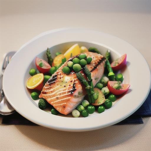 Steamed salmon with spring vegetables
