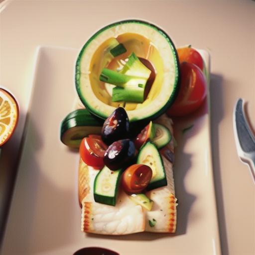 Baked Halibut with Zucchini, Olives, Tomatoes and Oranges