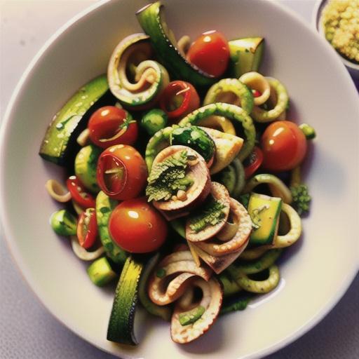 Pesto Zucchini Noodles with Tomatoes and Broccoli