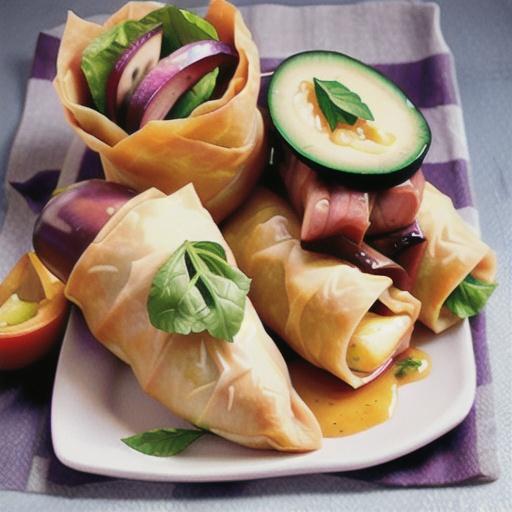 Eggplant and lamb filo scrolls with tomato salad