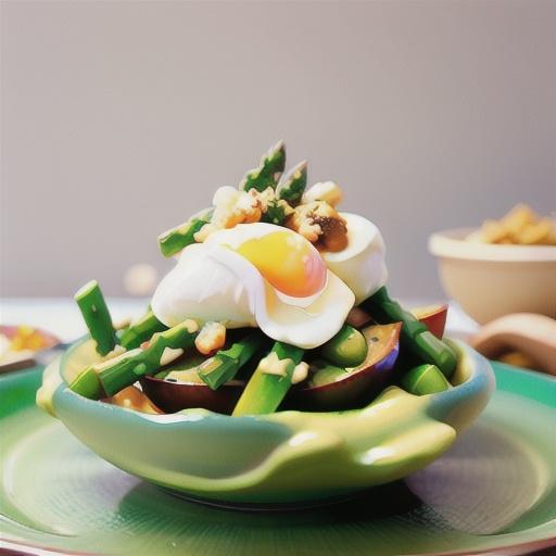 Asparagus with poached eggs, feta and sumac crisps