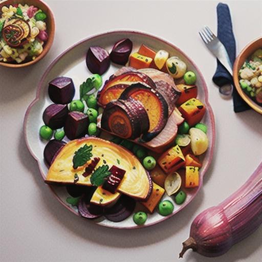 Quick roast pork with fennel, roasted beetroot and pumpkin