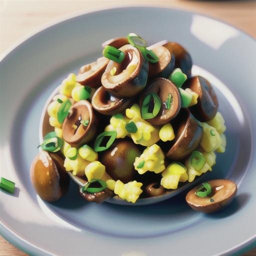 Wok-fried garlic mushrooms with chive scrambled eggs