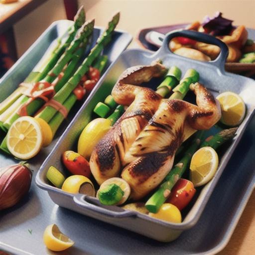 Whole roasted chicken with lemon and shallot asparagus