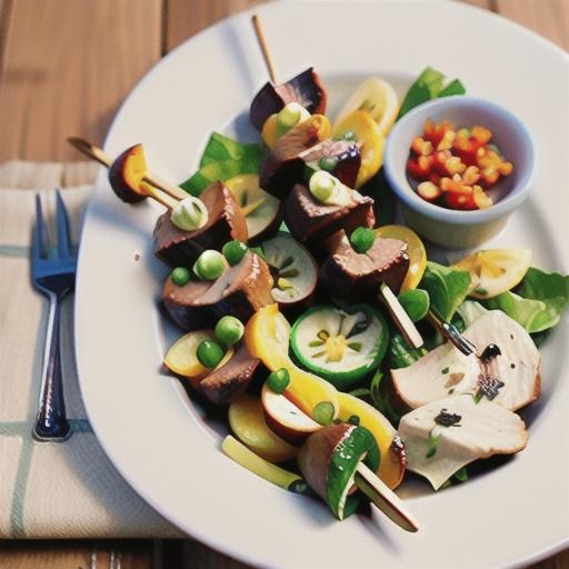 Oregano lamb skewers with Mediterranean salad