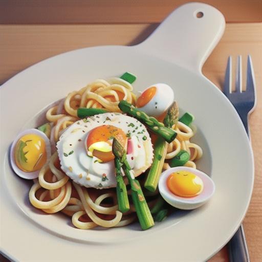 Spaghetti with asparagus and fried egg