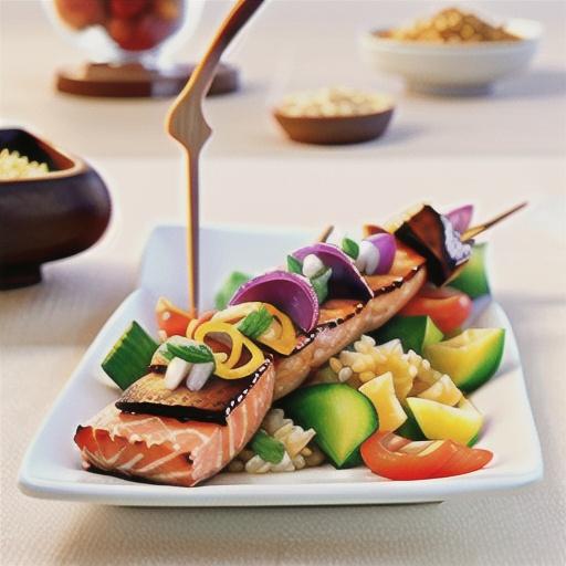 Salmon skewers with brown rice