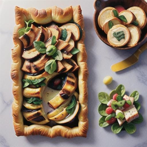 Open olive and chargrilled veggie puff pastry tart