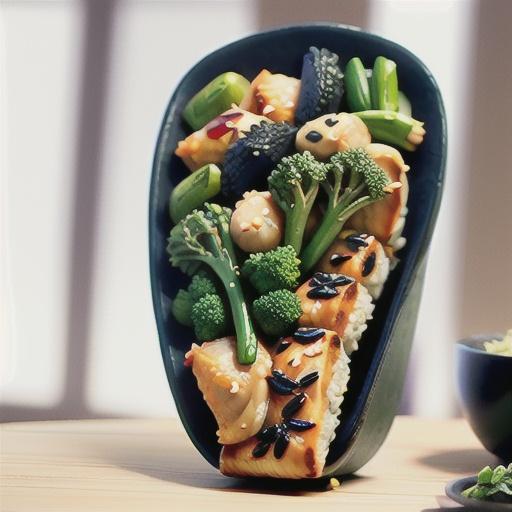 Sesame chicken with black rice, sugar snaps and broccolini