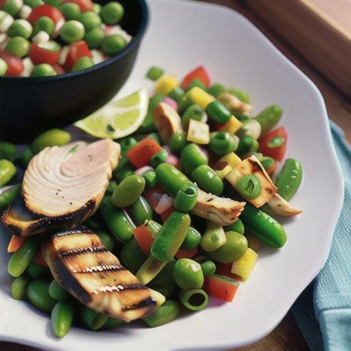 Warm sugar snap pea salsa with chargrilled chicken