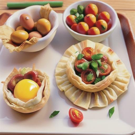 Egg and bacon filo tarts with roasted tomatoes and mushrooms