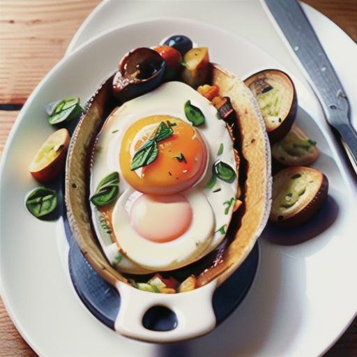 Baked eggs with spinach, mushrooms, goat's cheese and chorizo