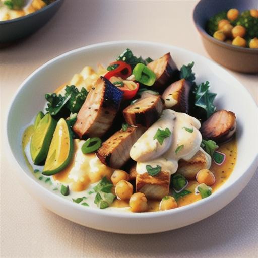 Spiced pork sirloin with chickpea cream and quick braised kale