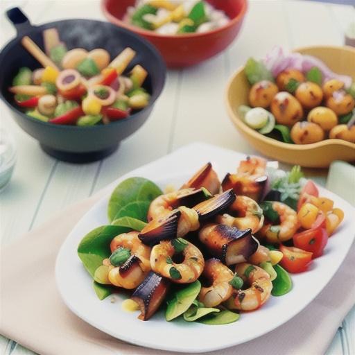 Marinated barbecue prawns with summer salad