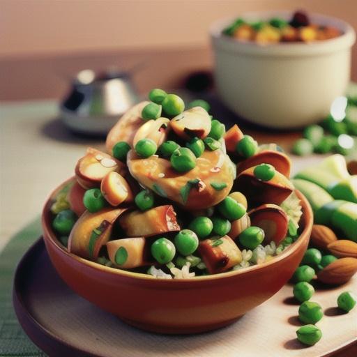 Almond, pea and coriander pilaf with chicken