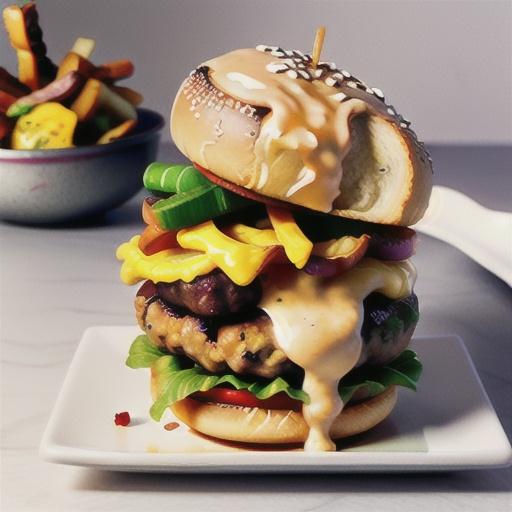 Beef burger with buttermilk onion rings and bacon aioli