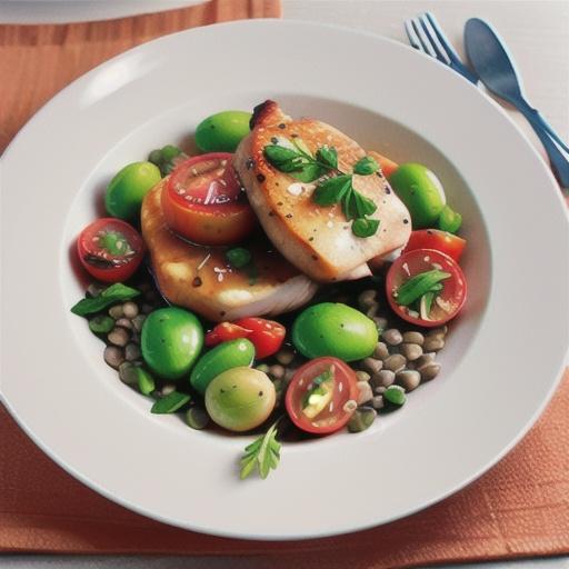 Pork chops with warm lentil and tomato salad