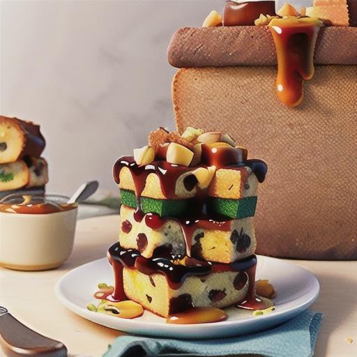 Caramel and choc-chip bread and butter pudding