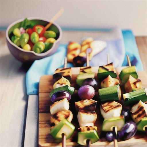 Haloumi, zucchini and grape-tomato skewers with basil oil
