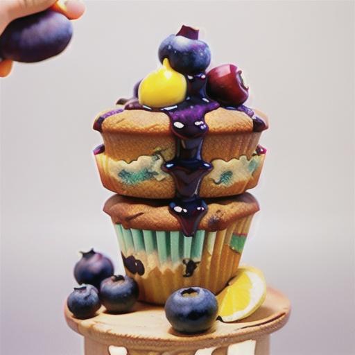 Blueberry muffins with lemon frosting and blueberry sauce