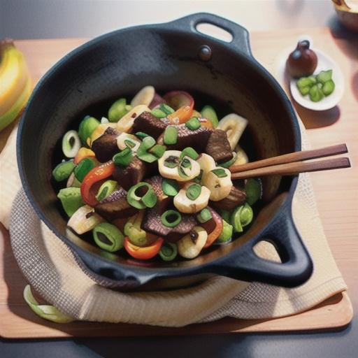 Black bean beef with onions and banana chillies