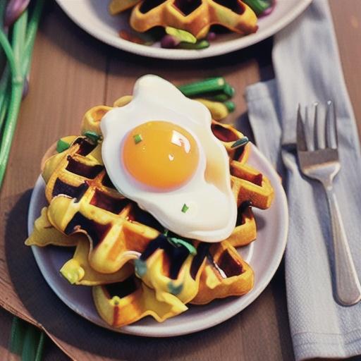 Sweet Potato Waffles with Fried Egg, Bacon, and Scallions