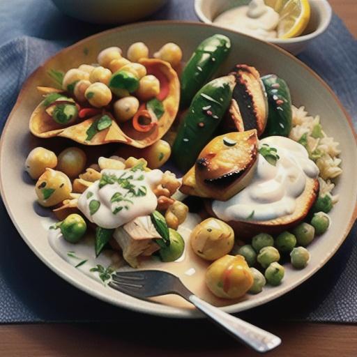 Roast chicken, preserved lemon and chickpea pilaf with yoghurt sauce