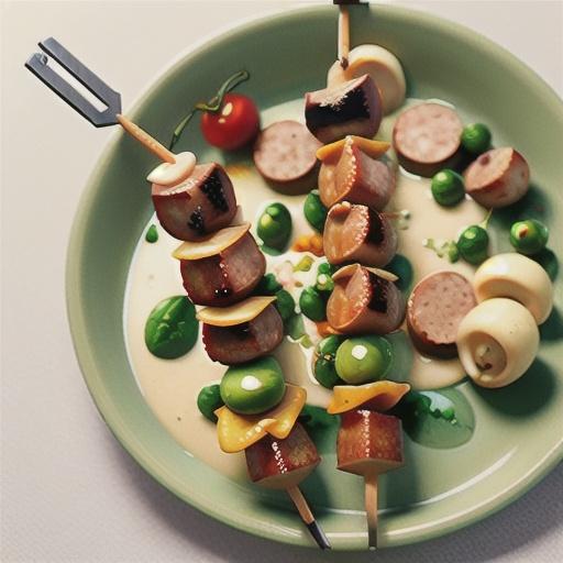 Sausage skewers with pea mash