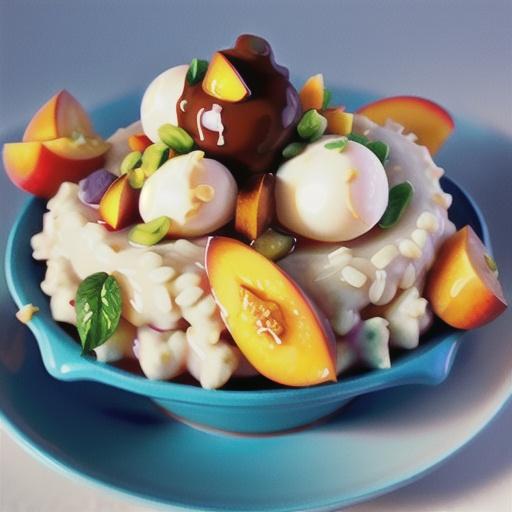 Sweet vanilla risotto with poached peaches and chocolate