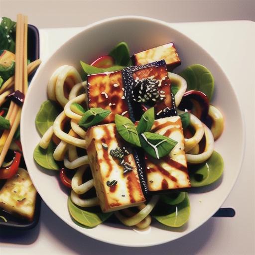 Teriyaki tofu with warm udon and seaweed salad