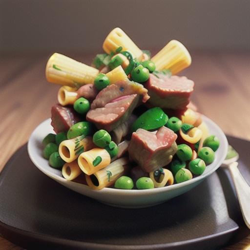 Rigatoni with slow-cooked beef and peas