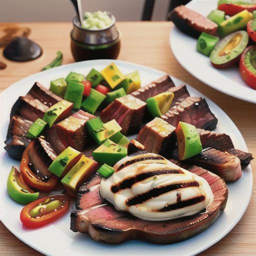 Barbecued T-bone steaks and capsicums with avocado salsa
