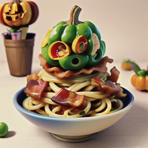 Pea, pumpkin and bacon spaghetti