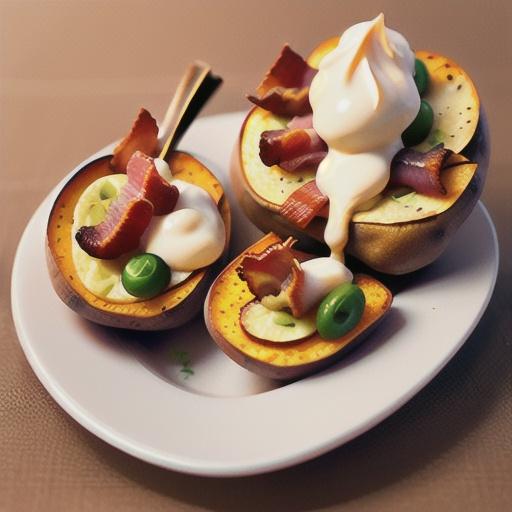 Stuffed sweet taters with crispy bacon and maple syrup sour cream