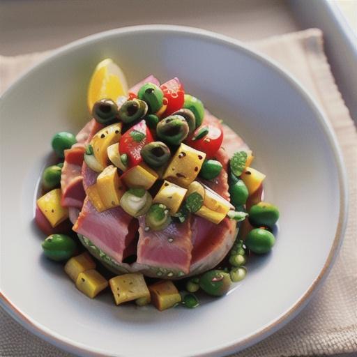 Tuna with roasted tomato, caper and olive salsa