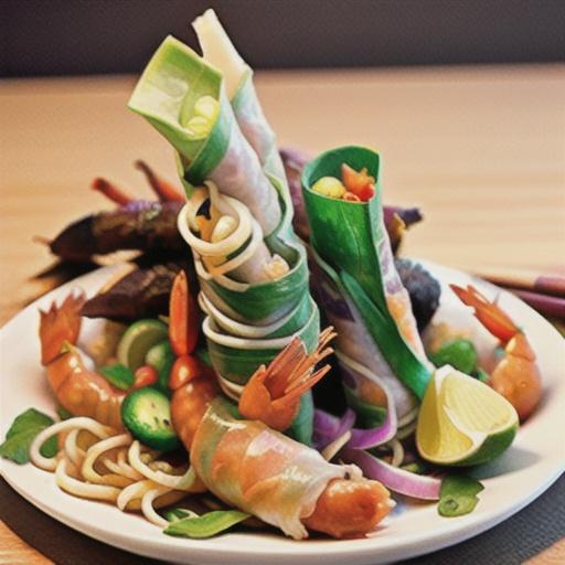 Crispy prawn spring rolls with vermicelli noodle salad