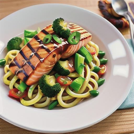 Broccoli chilli noodles with grilled salmon