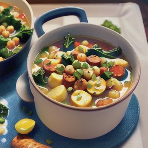 Potato soup with kale, chorizo, chickpeas and aioli